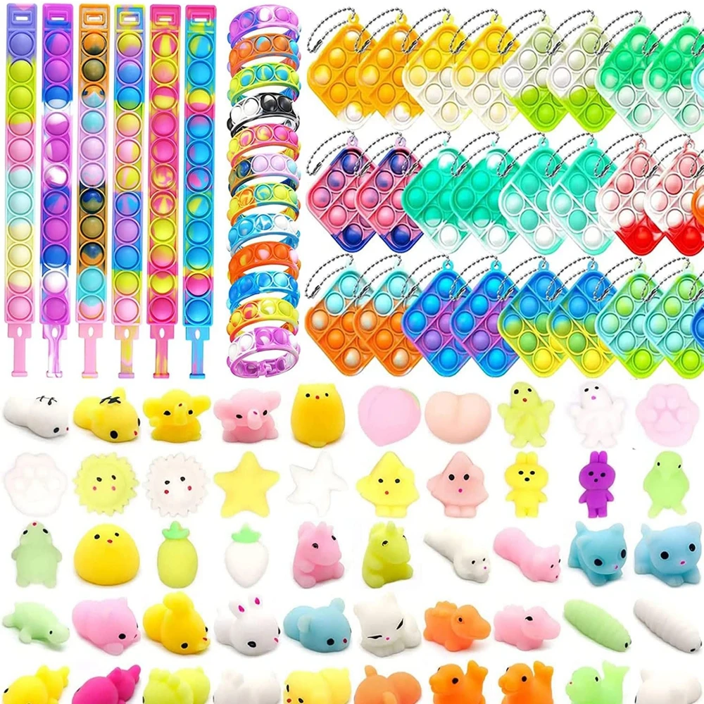 

120Pcs Random Pop Fidget Toy Bracelet Sensory Toys Mochi Squishies Wearable Push Poping Bubble Toys Stress Relief Keychains Kids