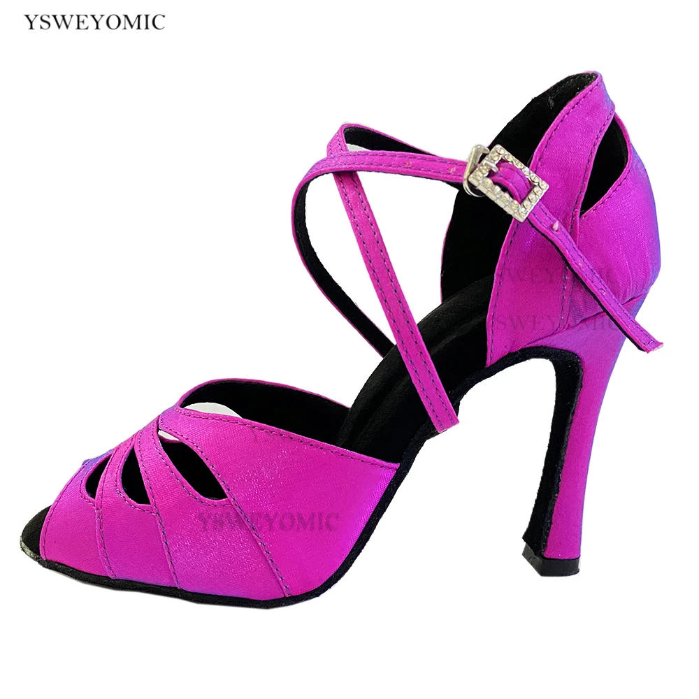 Small Open Toe 2022 Ballroom Dance Shoes Women Latin Salsa Practice Dance Shoes in Purple Color Customized Black Red color 9cm