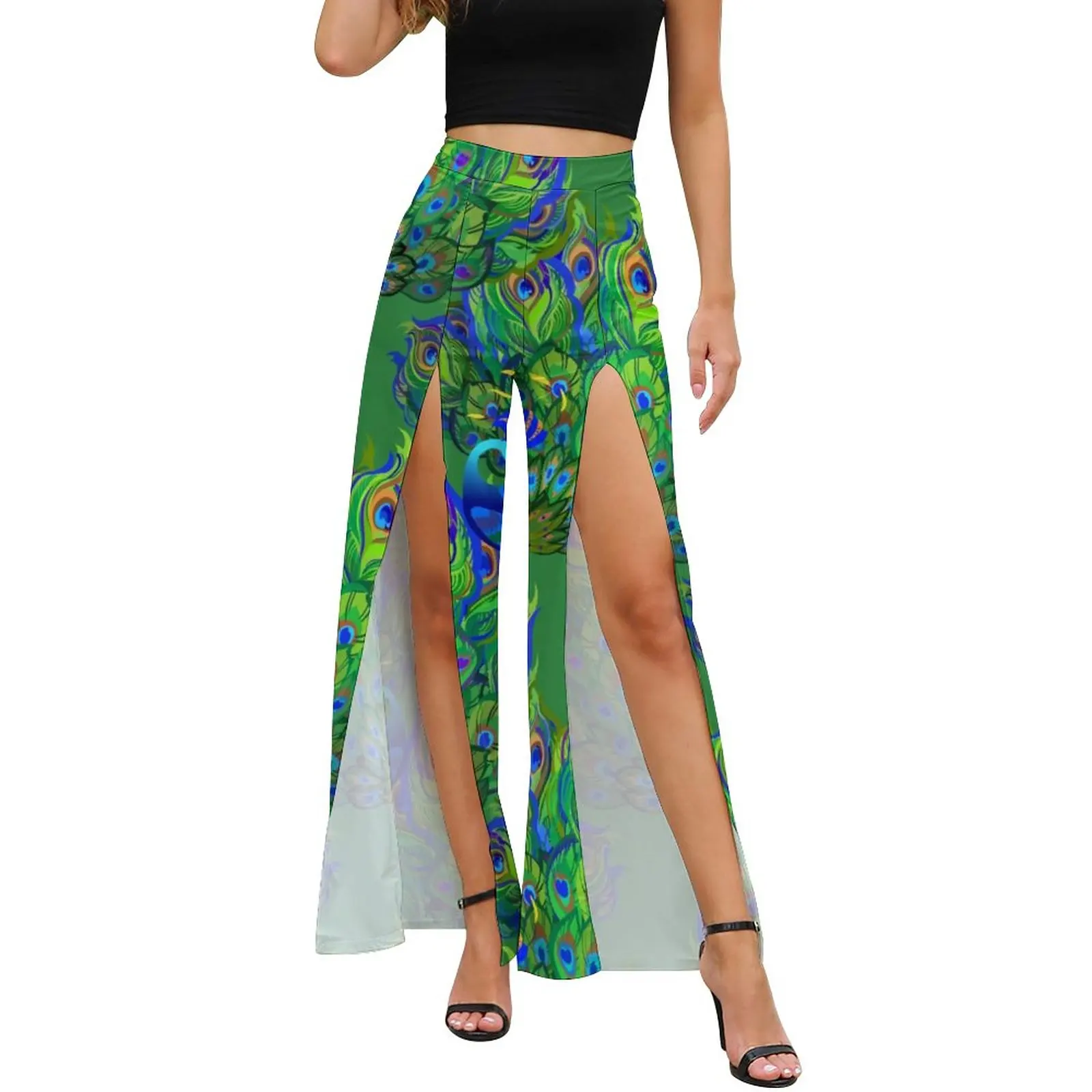 

Peacock Feathers Print Pants Women Blue Green Animal Trendy Graphic Wide Leg Pants Summer High Slit Harajuku Trousers