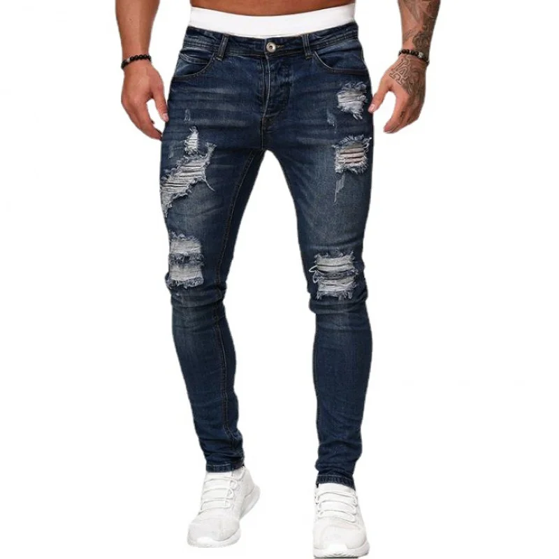 2022Factory Direct Sales European and American Foreign Trade New Ripped Matte White Slim-Fit Denim Trousers Vintage Fashion Skin