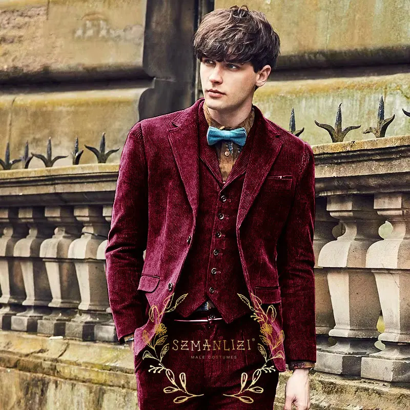 Фото Костюм Homme, коричневый вельветовый винтажный мужской костюм, комплект из 3-х предметов на заказ, свадебный смокинг жениха на заказ, облегающий пиджак для выпускного вечера, жилет, брюки №3