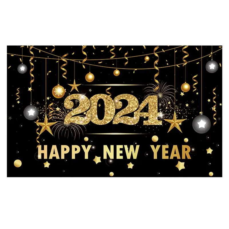 

New Years Eve Banner black gold Happy New Year Backdrop Foldable Wall Background spring festival Banners Indoor Outdoor decor
