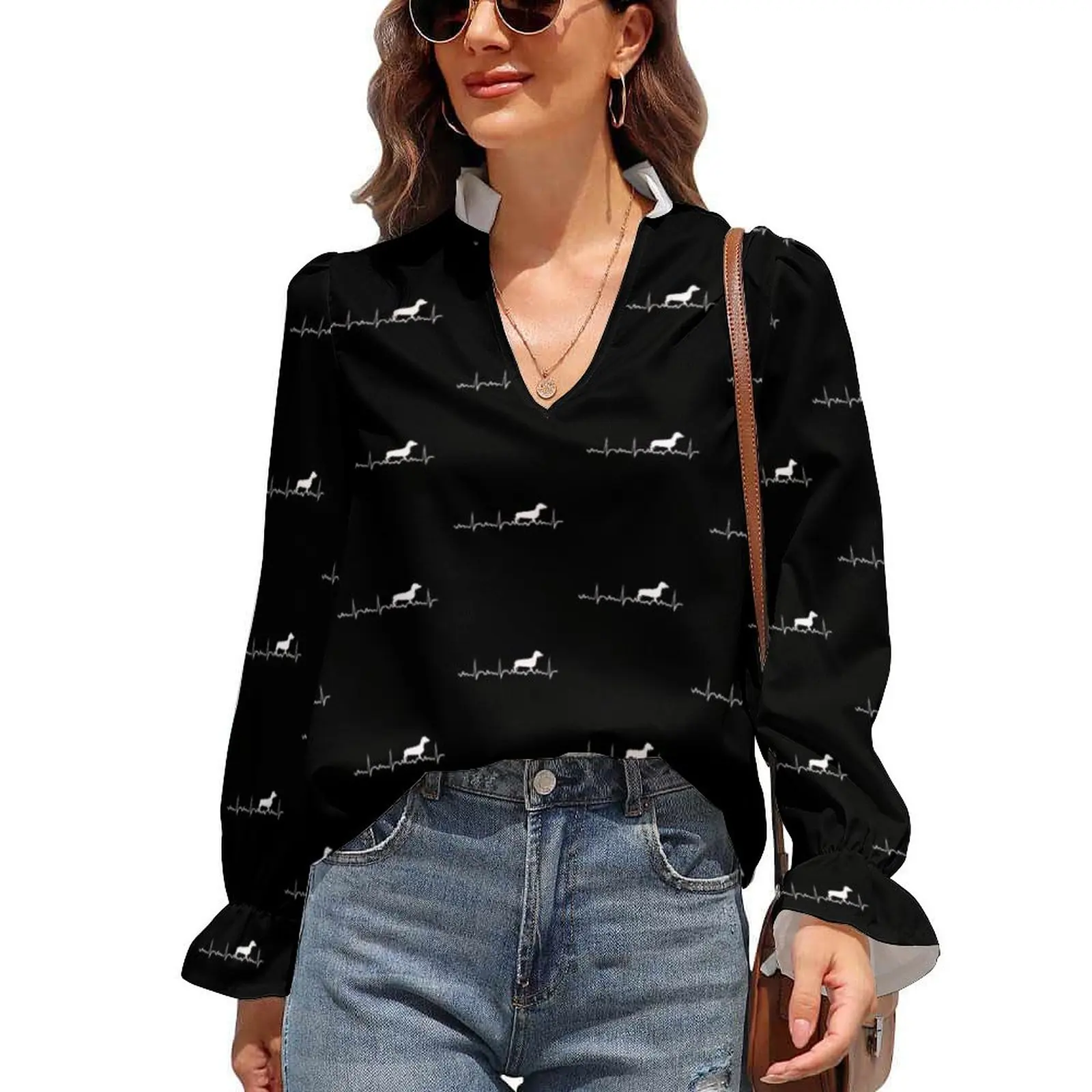 

Dachshund Blouse Dog Ruffled Plus Size Spring Girl Shirt Elegant Collar Shirts