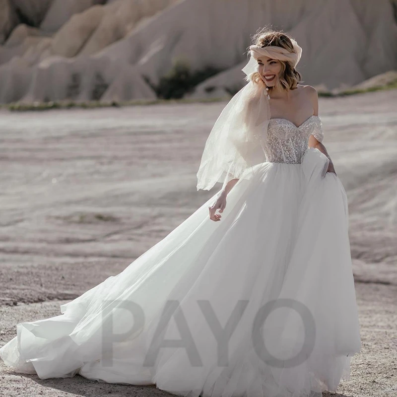 

Vintage Wedding Dress Off The Shoulder Exquisite Crystal Beading Tulle Beach Mopping Sweetheart Vestido De Novia For Women