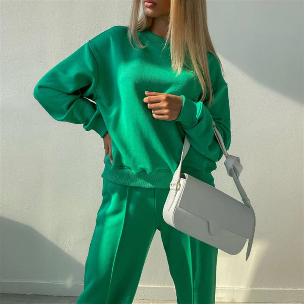 

Casual Solid Tracksuit Women Loose Long Sleeve Pullover Sweatshirt And Elastic Wide Leg Pant Two Pieces Set Fashion Female Suits