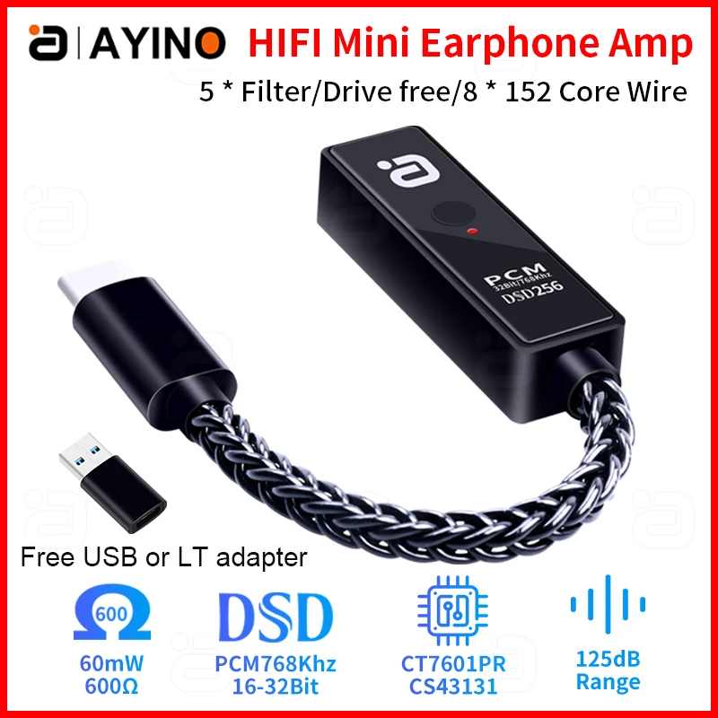 

AYINO HIFI Earphone Amplifier 32bit 768kHz USB Digital Decoder 3.5mm Headphone DSD256 Native DAC Amp 600ohm Aux Audio Converter