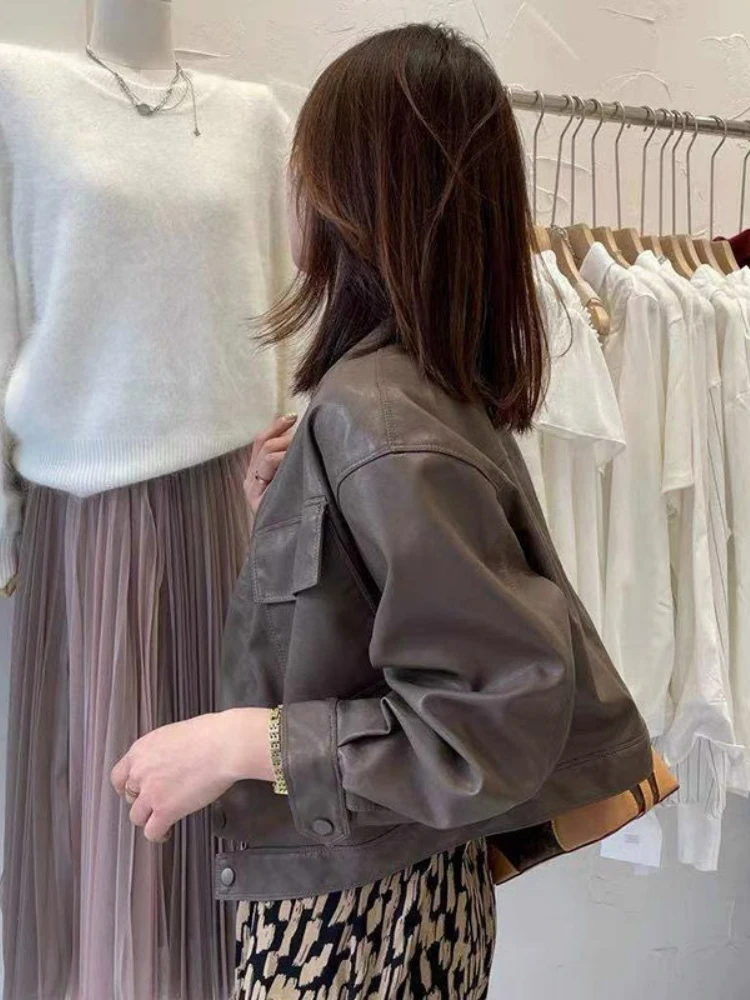 Autumn Korean Cropped Leather Jacket Women Black Thin Loose Casual Motorcycle Jacket Female 2022 Winter Streetwear Lady Chic Top