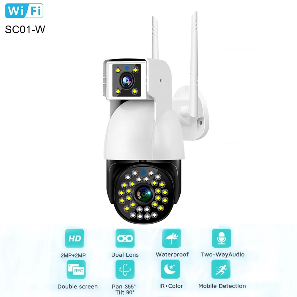 

4-мегапиксельная PTZ Wi-Fi камера 2K HD с двойным экраном, обнаружение человека, защита, автоматическое отслеживание, беспроводная наружная цилиндрическая IP-камера видеонаблюдения