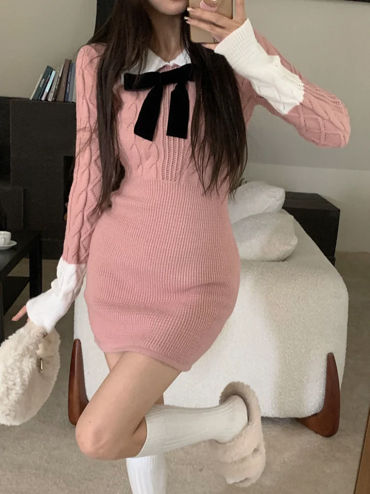 

QWEEK Kawaii Knit Knitted Sweater Pink Mini Dress School Student Preppy Style Japanese Cute Polo Bodycon Short Dresses 2023