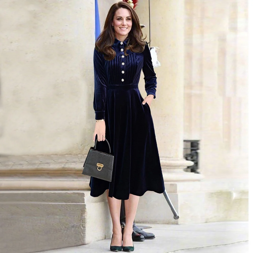 

Kate Middleton Evening Dresses A-Line Long Sleeves Tea Lenght Velvet Navy Blue Burgundy Wedding Ceremony Celebrity Prom Dresses