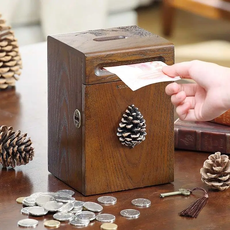 

High-grade solid wood piggy bank ins with lock function storage tank children's money box gift lucky money storage box