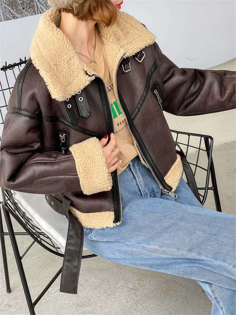 

New 2021 Winter Jacket Women Thick Faux Leather Jacket Women Coat Warm Lamb Biker Coat Female Casual Belt Outwear Ladies