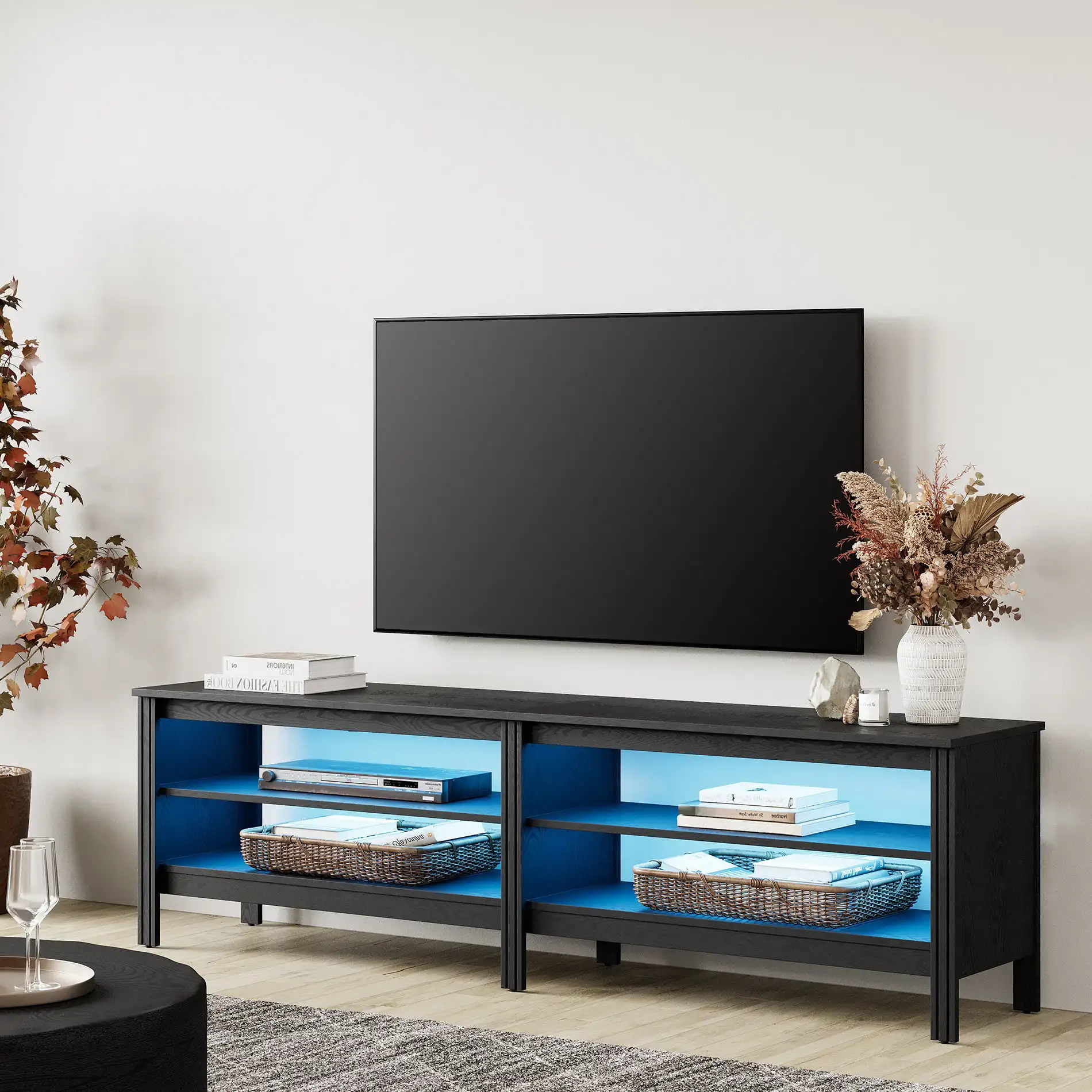 For 75 Inch Tv, Farmhouse Wood Tv  Console  With 4  Storages For Living Room Bedroom, Black 70 Inch