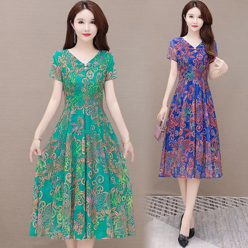 

COIGARSAM Women's Summer Dress 2022 New Print Short Sleeve High Waist Blue Green Dresses Dropshipping