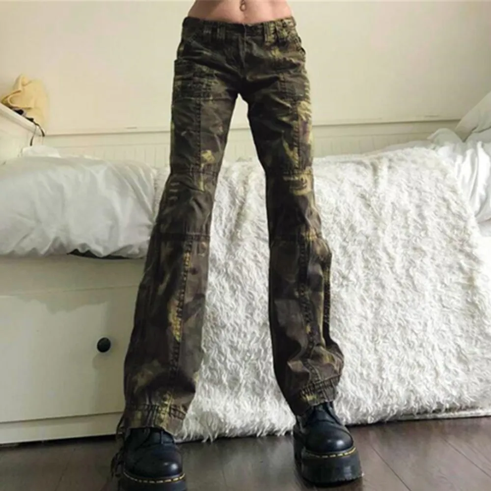 

Женские винтажные джинсы с низкой посадкой Y2K, камуфляжные брюки с широкими прямыми штанинами в стиле Харадзюку, армейские джинсовые брюки