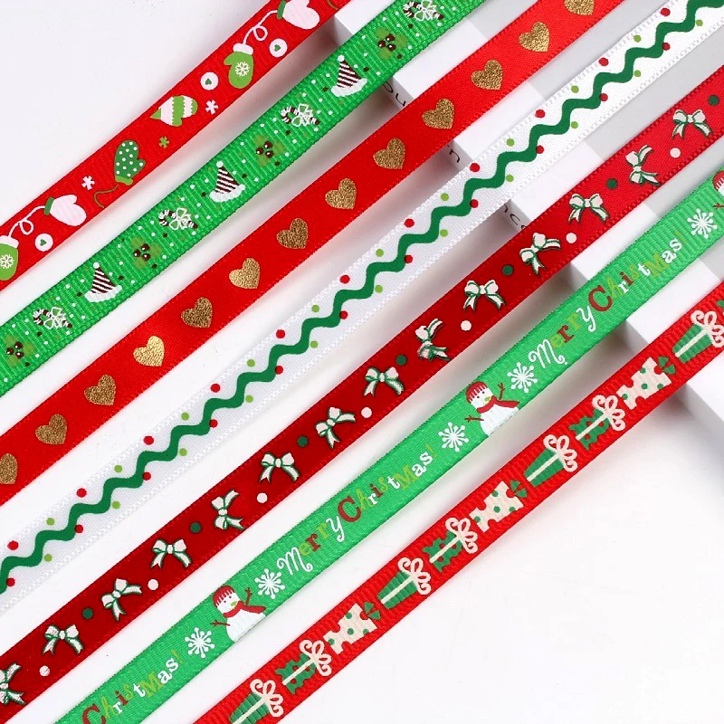 

10yards 10mm Christmas Ribbon Printed Merry Xmas Grosgrain Ribbons For Cake Gift Wrapping Wedding Decoration Hair Bows DIY