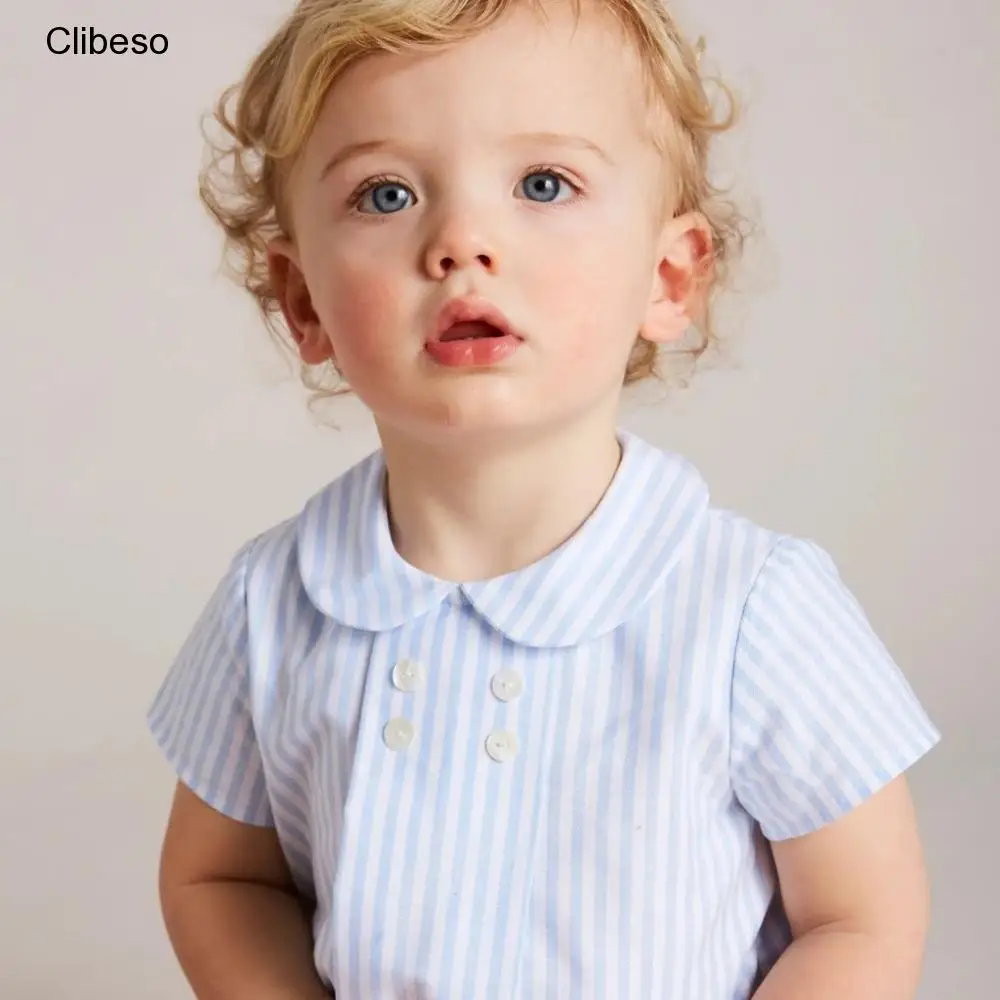 

Clibeso Baby Boys Spanish Clothes Set Children Summer 2 pieces Groups Set Striped Cotton Shirt Peter Pan Collar Navy Shorts
