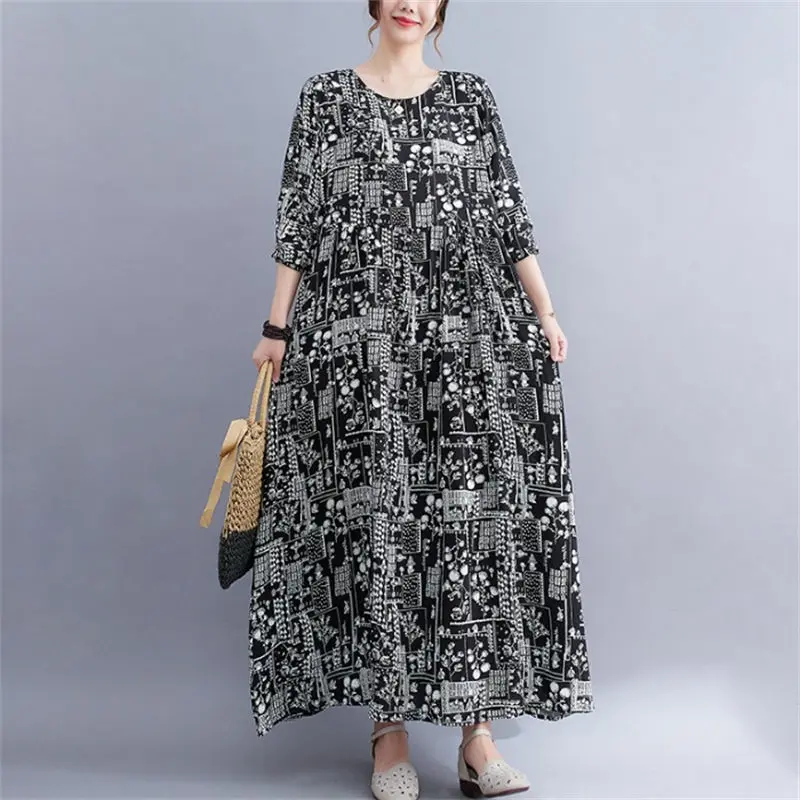 

2022 Autumn Large Size Women's Clothing Loose Retro Cotton And Linen Printed Long Sleeve Dress Casual Fashion Baggy Dresses 2373