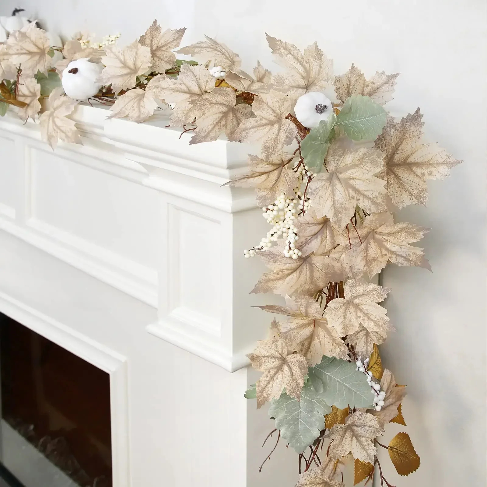 

Autumn Maples Leaf Pumpkin Berry Garland,Fall Mantle Fireplace Thanksgiving Halloween Christmas Farmhouse Harvest Decoration New