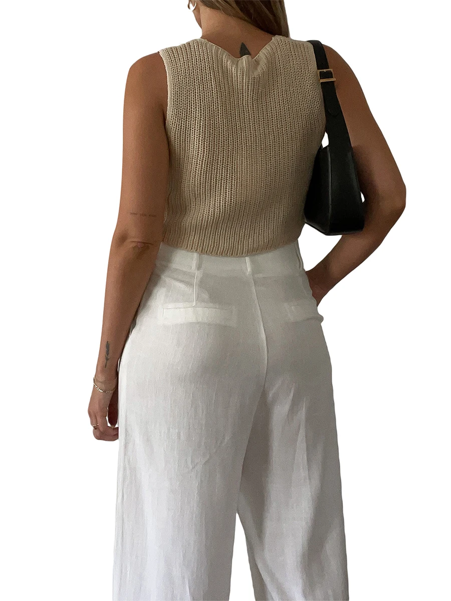 

Women s Sleeveless Knit Crop Top with Button V-neck and Solid Color for Casual Streetwear and Club Wear