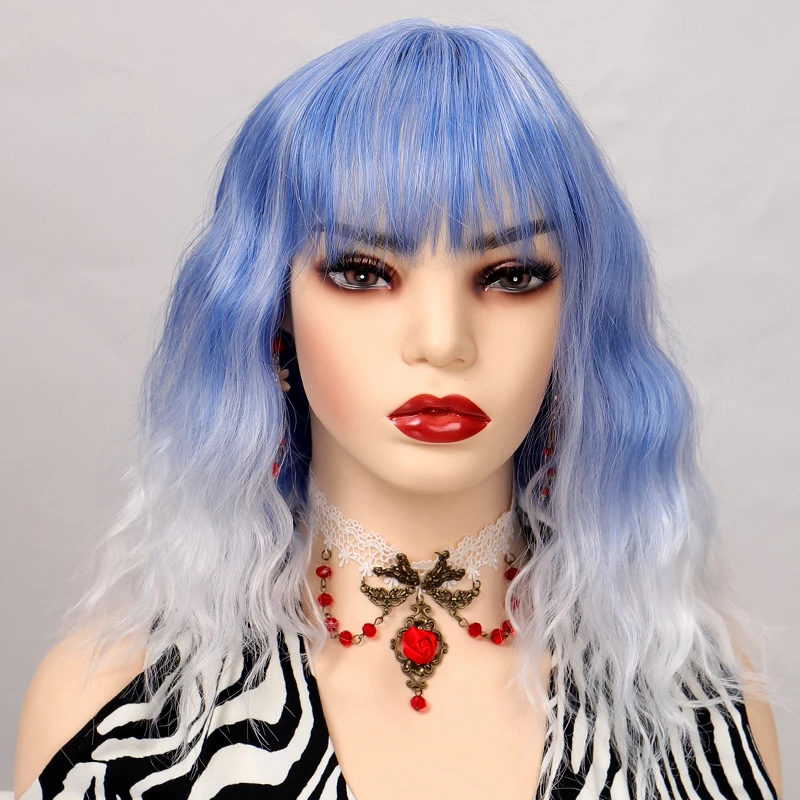 MANWEI Bluish Light Blue Wig Synthetic Ombre Long Wavy Body Wave Side Part Heat Resistant Natural Hair Wigs For Women Cosplay