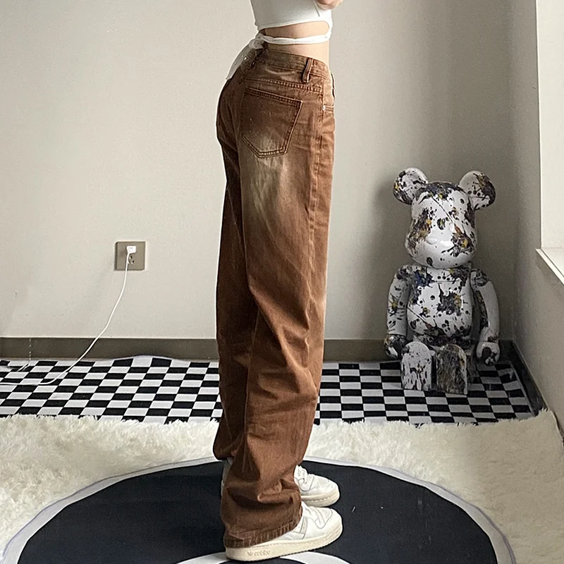 Straight Jeans Women Bleached Washed Denim Brown Hipster Oversize S-4XL All-match Schoolgirls Boyfriend Street Korean Fashion | Женская