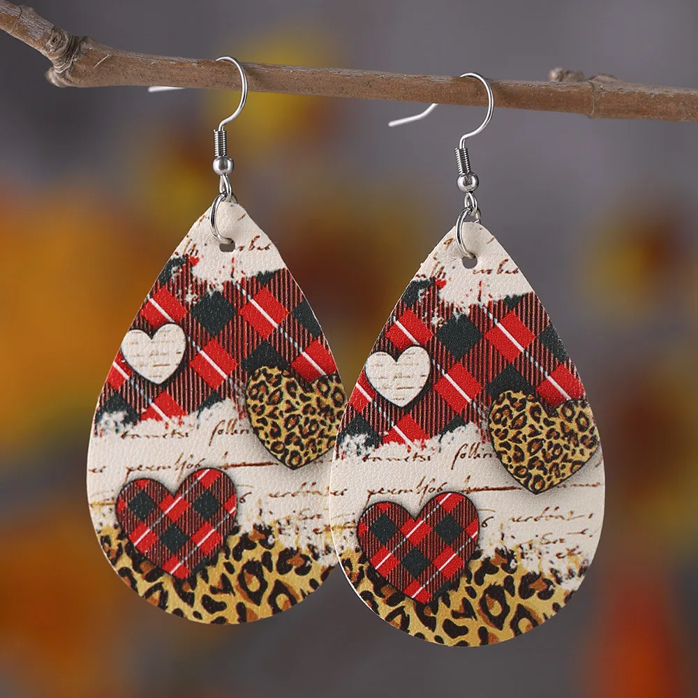 

leopard & Buffalo Plaid print Faux Leather Teardrop Earrings For Women Valentine's Gift Western Jewelry Double-side Heart Earri