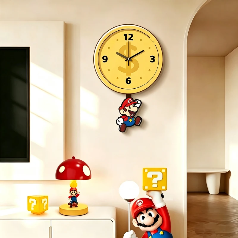 Фото Настенные часы Super Mario из дерева с бесшумным механизмом, милые мультяшные часы для декора дома, для гостиной, спальни, детской комнаты №1