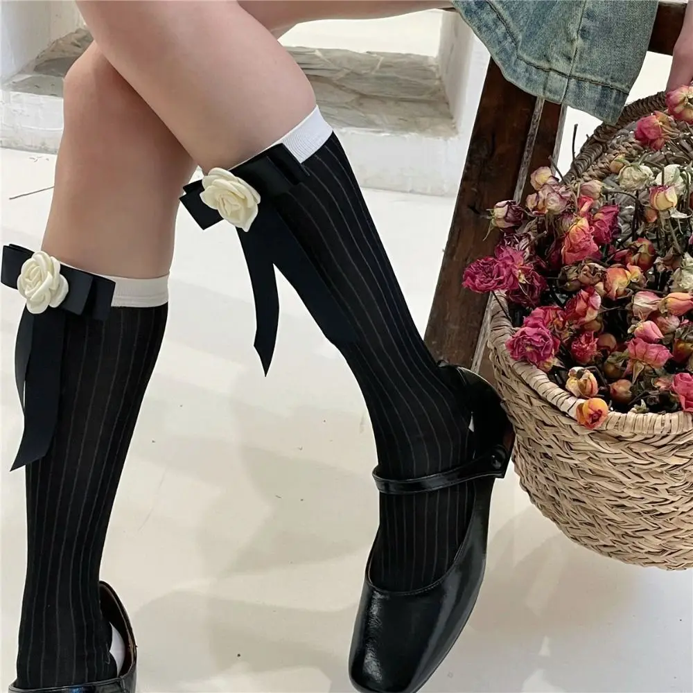 Ballet Style Camellia Flower Women Long Socks Summer Thin Breathable Black White Bow Silk Long Socks Fashion Stockings