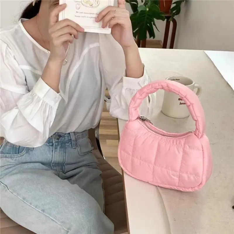 

Winter Puffy Padded Shoulder Bag for Women Nylon Down Cotton Small Handbag Candy Colors Underarm Bags Female Casual Tote Purses