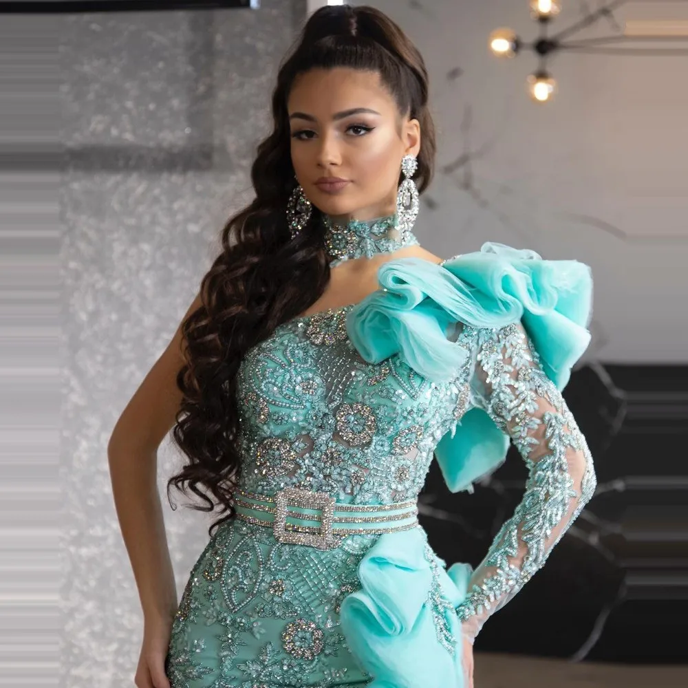 

Luxury Prom Dresses Crystals Beading One Shoulder Ruffles Open Back High Split 2022 Dubai Evening Dress Sash abendkleider