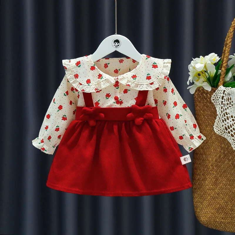   Autumn New Newborn Girls Long Sleeve Dress Cartoon Fragmented Flower Lapel Baby Princess Dress Flower Strap Dress 