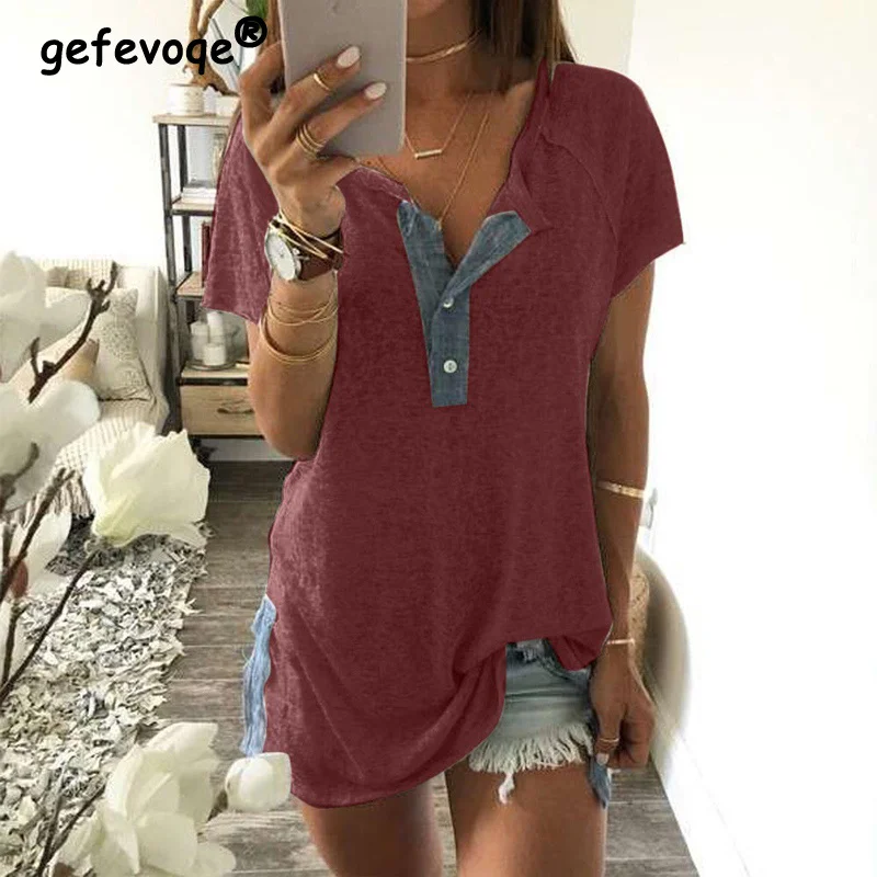 

Patchwork Buttons O Neck Short Sleeve Tee T Shirt Femme Summer Clothes for Women Casual Loose Slit All-match Tops Camisetas 2022
