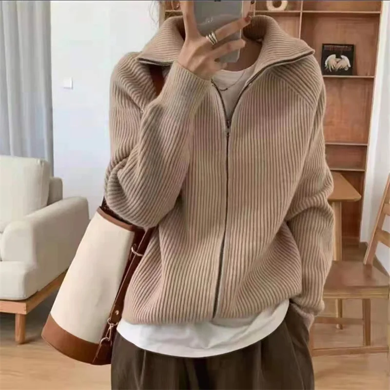 

2022 Autumn 6 Color Cardigan Sweater Korean Version Retro Zipper Sweater Women's New Loose Casual Lazy Wind Lapel Jacket Tops