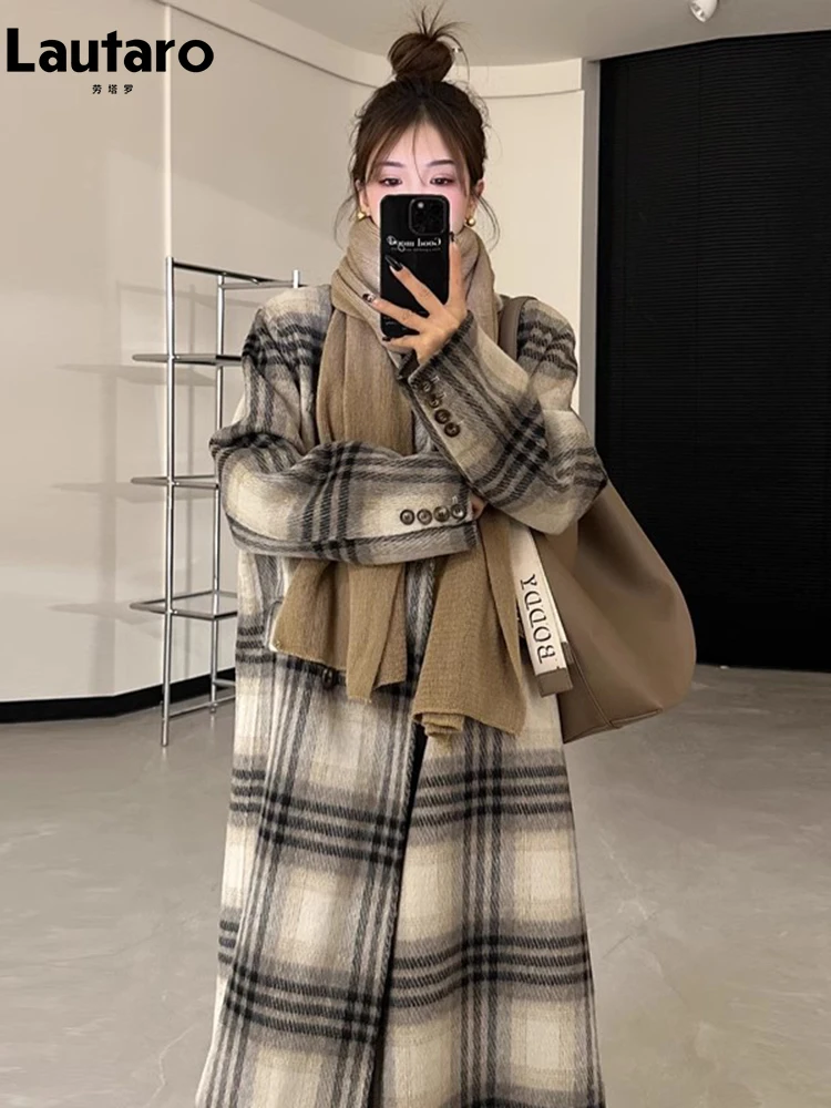 

Lautaro Autumn Winter Long Warm Soft Colorful Plaid Wool & blends Coat for Women Double Breasted Luxury clothes Woolen Overcoat