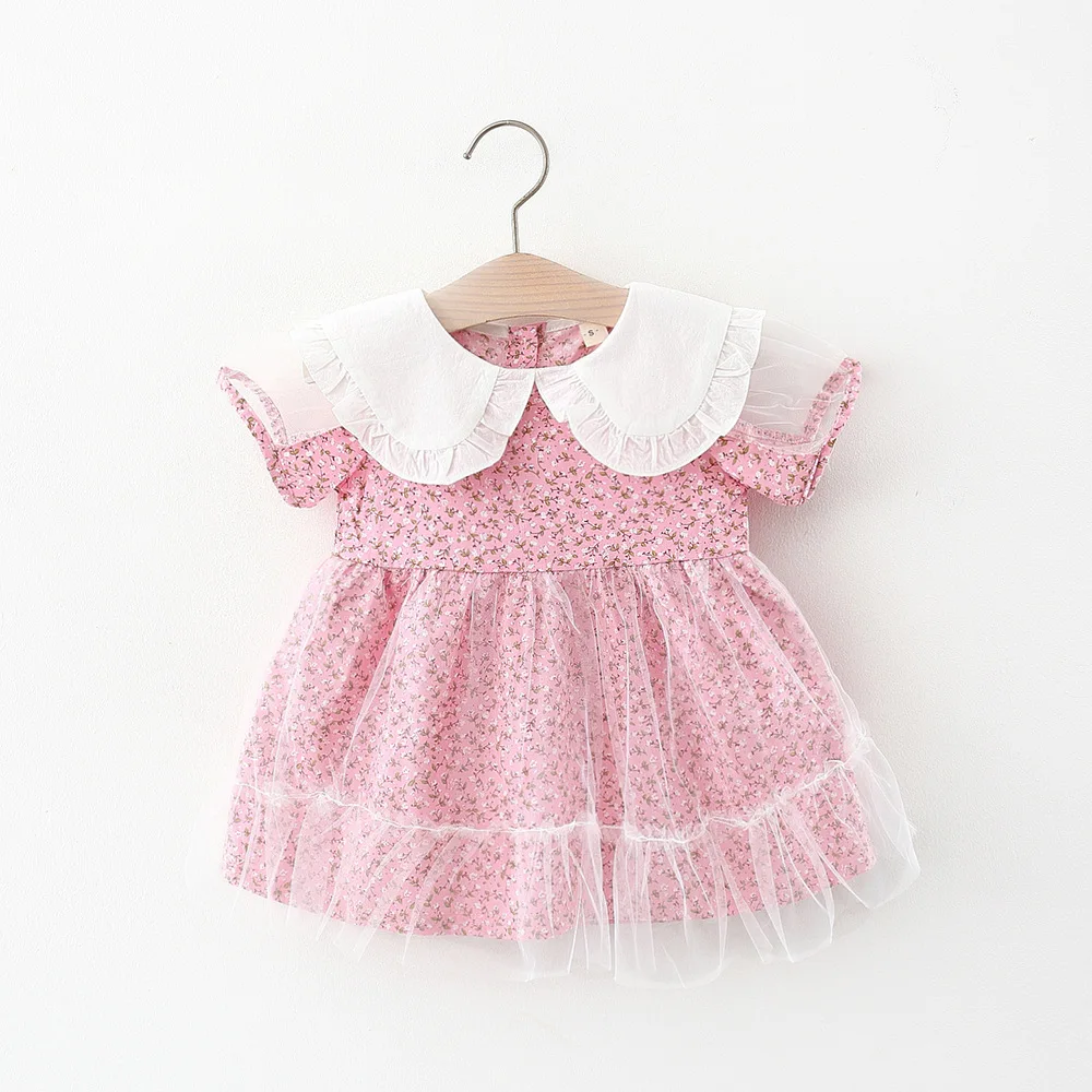

2022 Summer Kid Outfit Pink Newborn Baby Girl Dresses Korean Cute Short Sleeve Mesh Infant Princess Dress Floral Toddler Clothes