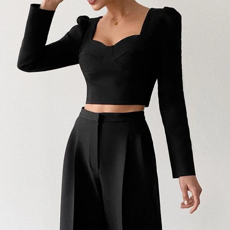 

2021 Sexy Slim Navel Bare Square Collar Lantern Sleeve Solid Color Top Women's High Waist Loose Wide Leg Trousers Two-Piece Set
