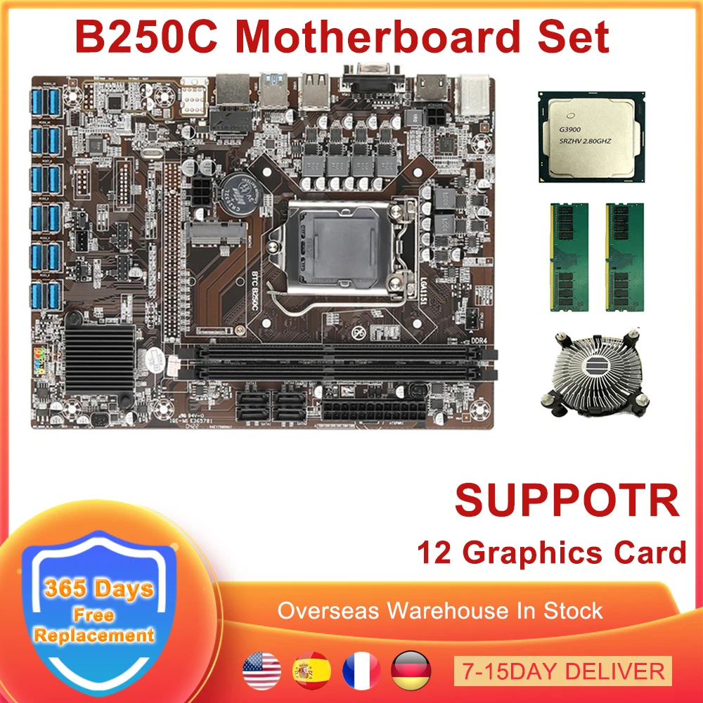 

B250C набор материнской платы для майнинга BTC MSATA LGA 1151 G3900 CPU 8G DDR4 12 USB3.0 к PCIE 16X GPU графическая карта ETH Биткойн Майнер Rig