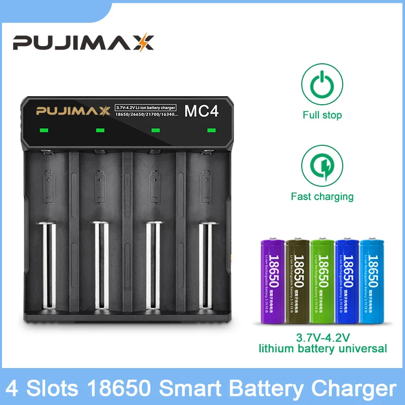 

PUJIMAX 4 Slots Smart 3.7V-4.2V Lithium Battery Charger Support For 18350 14500 26500 22650 18650 Rechargeable Li-ion Battery