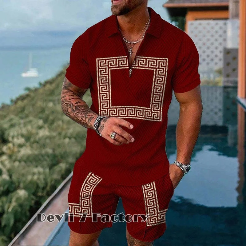 Men's Lapel Polo Shirts Shorts 2 Piece Sets Breathable Summer Sportswear Outfits 3D Printed High Quality Man Clothing Tracksuit