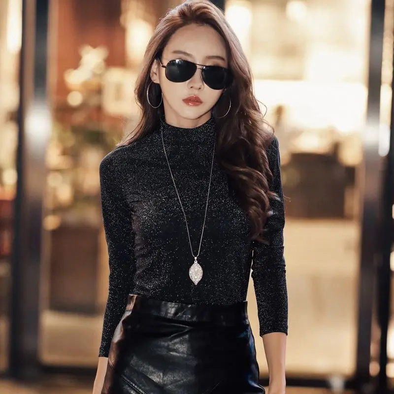 

Женская плотная теплая футболка с воротником-хомутом, облегающая Однотонная футболка с длинным рукавом и кружевным принтом, топ, одежда G227