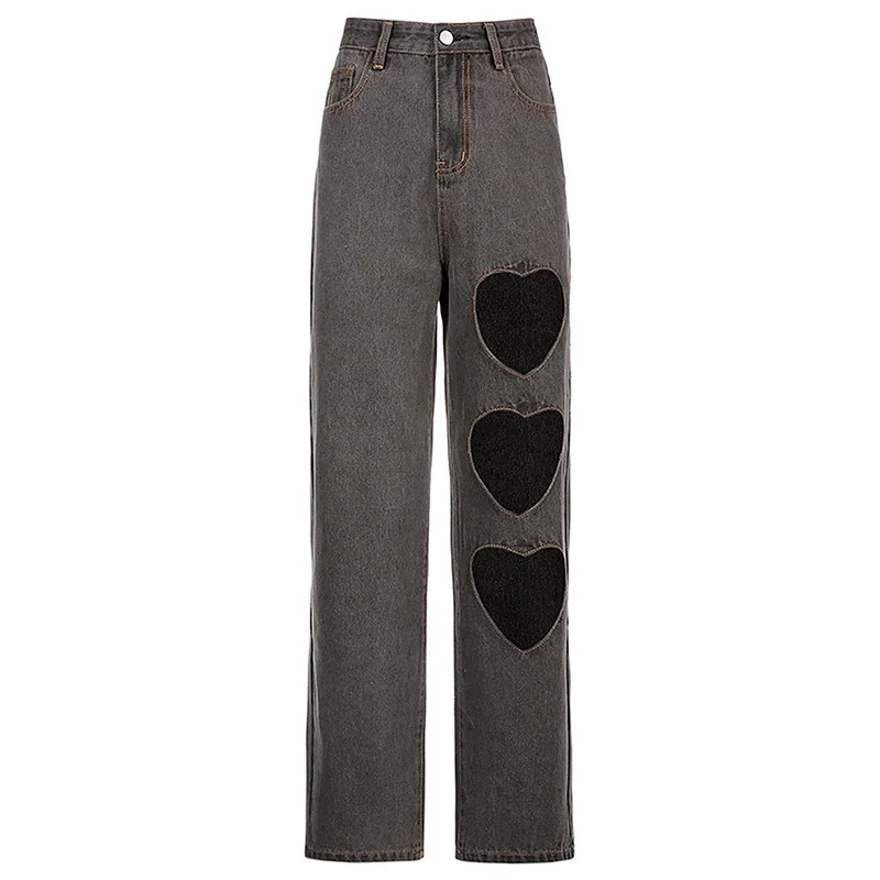 Women High Waist Denim Summer Pants 2021 Indie Aesthetics Heart Shape Hollow Out Baggy Jeans Y2k Streetwear Trousers 90s Clothes