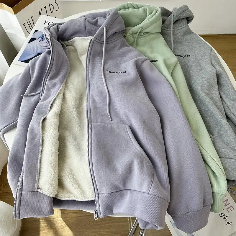 

2022 New Women Lamb Fleece Hooded Hoodies Autumn Clothes Long Sleeve Thick Hoodies Loose Style Sweatshirts Casual Tops