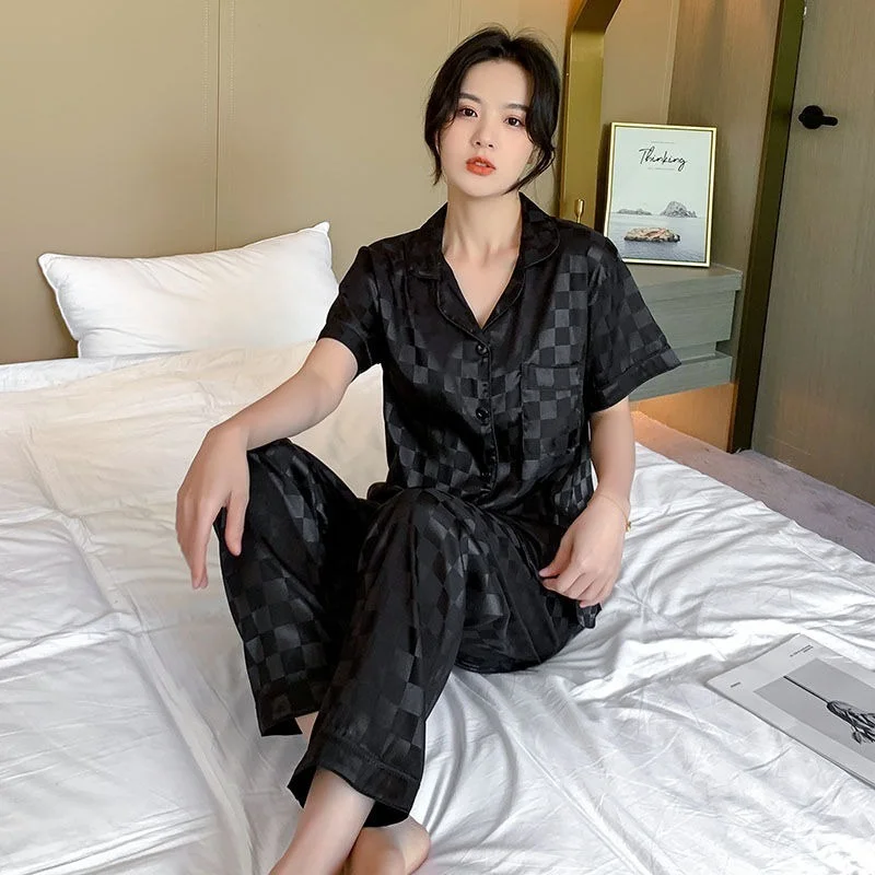 Plaid Pajamas Ladies Summer 2023 New Large Size Spring and Autumn Long Sleeve Thin Ice Silk Homewear Set