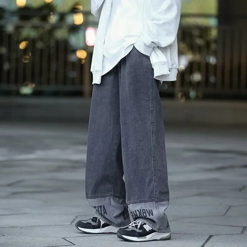 DEEPTOWN Loose Straight Jeans for Men Patchwork Letter Denim Pants Casual Streetwear Trousers Male Wide Leg Hip Hop Plus 5XL