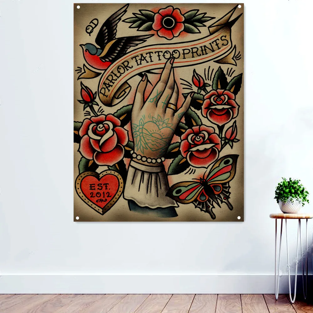 

Beautiful Traditional Tattoo Art Banners Wall Hanging Flag Mural Vintage Posters and Prints Wall Decor Tapestry Canvas Painting