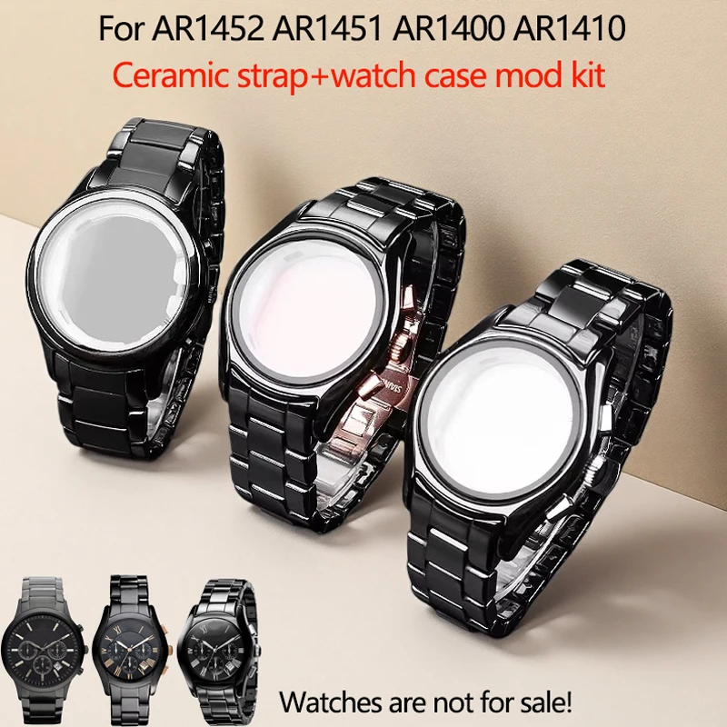 Фото Керамический ремешок 22 мм/24 мм для часов Armani серий AR1452, AR1451, AR1400/1410, черный керамический корпус, ремешок для часов, мужские аксессуары. №1