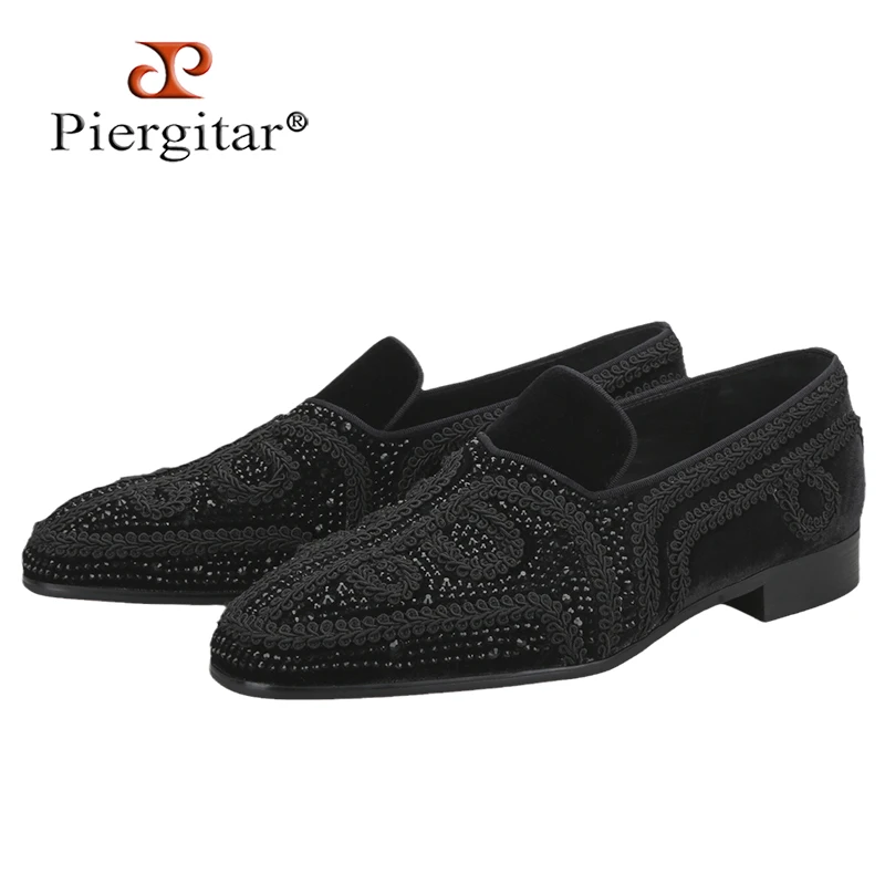 Черные бархатные мужские лоферы Piergitar с искусственной аппликацией и кристаллами