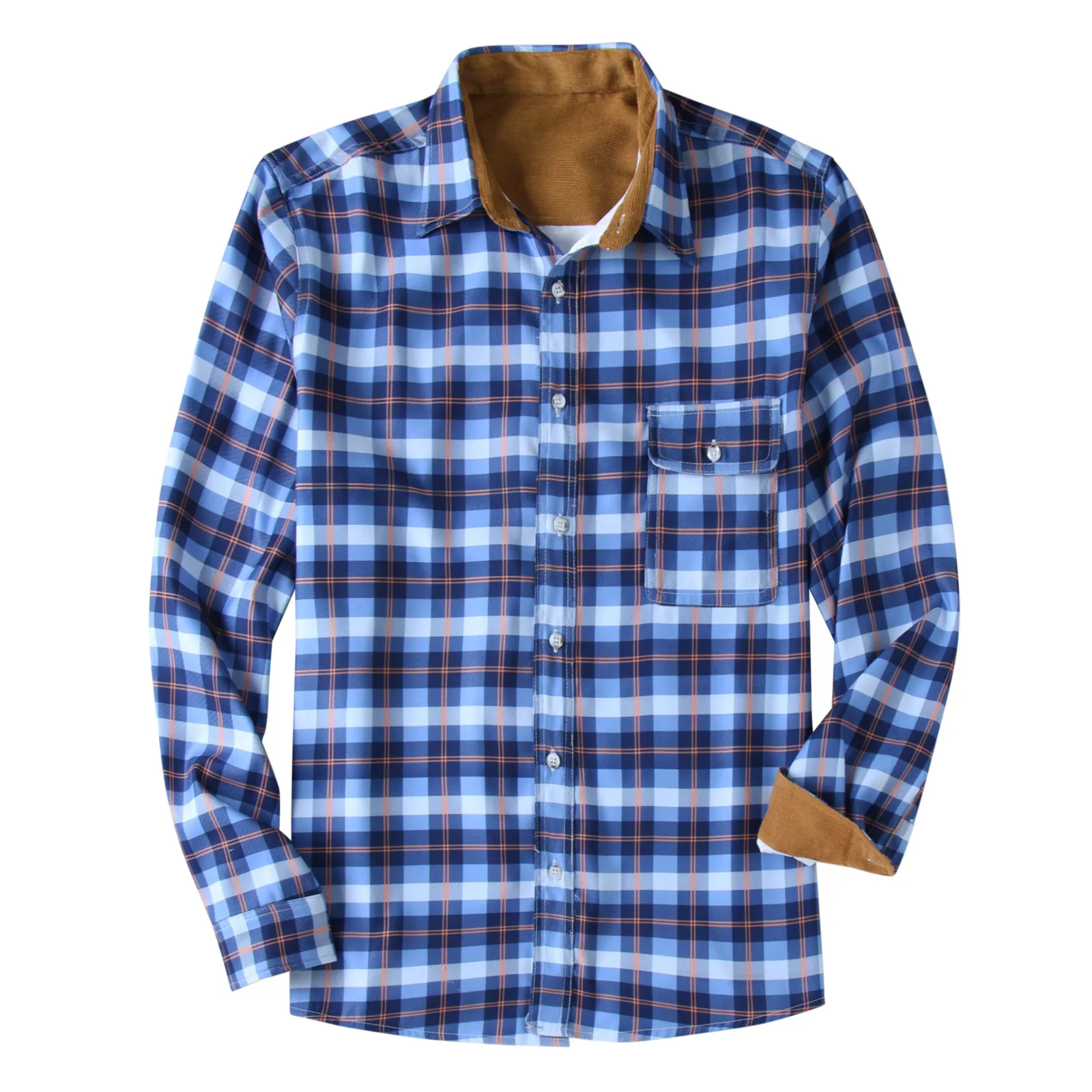 

Men's Spring And Autumn Plaid Stitching Long Sleeved Casual Turndown Collar Shirts Workout Top