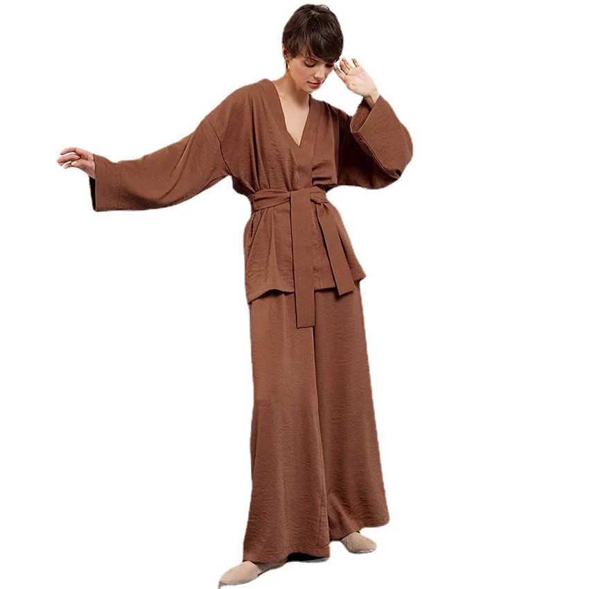 Long Sleeved Pajamas Set Cardigan Nightgown Robe Trousers Two Piece Set Loose Fashion Woman Leisure Wear New